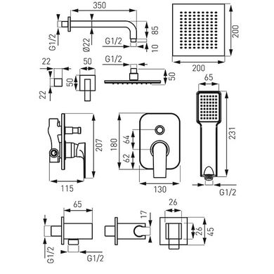 FERRO ALGEO SQUARE набір прихованого монтажу з верхнім душем BAQ7P-SET1-S